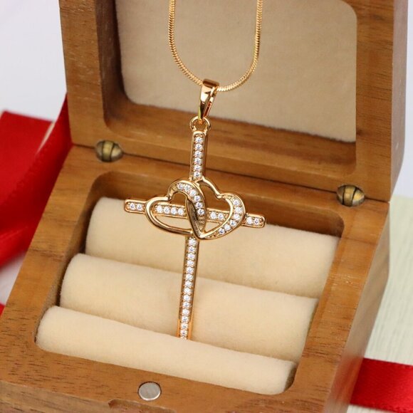 "Cross Pendant with Interlocked Hearts & Crystals, XPPT1569 - Picture 6 of 12